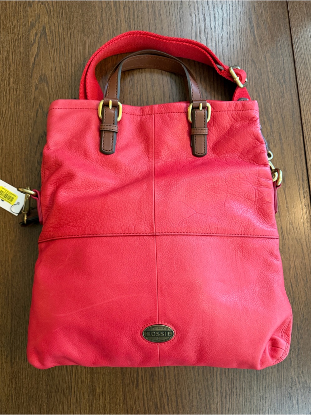 NWT Fossil Red Leather Explorer Fold Over Convertible Shoulder Tote w Brown Trim - Picture 2 of 13